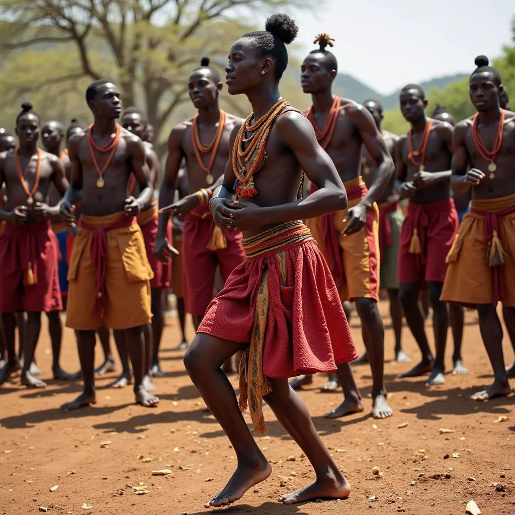 A group of Zulu dancers performing the traditional &quot;Indlamu&quot; dance