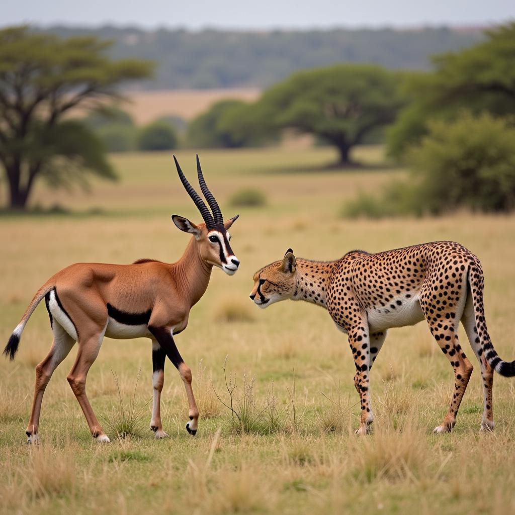 Springbok Facing Cheetah in Savanna