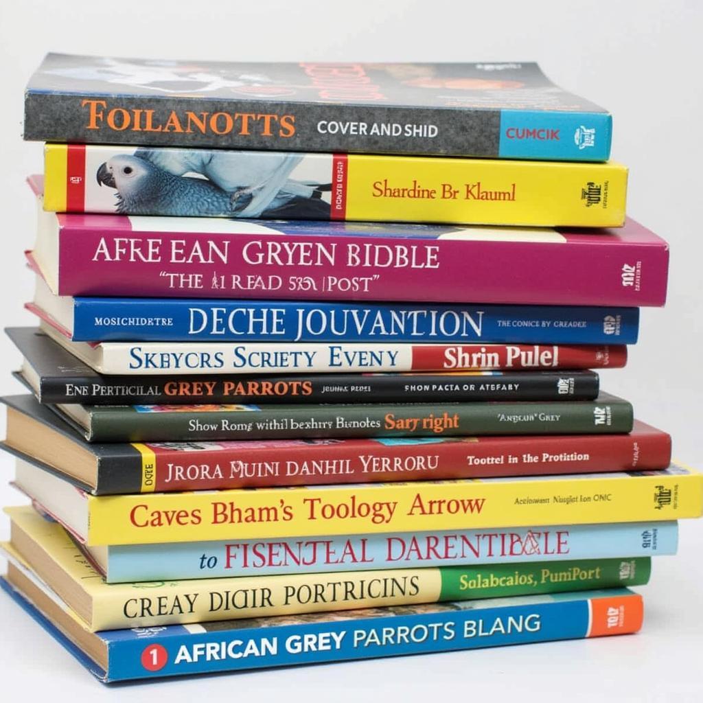 A stack of books with colorful covers featuring African Grey Parrots.