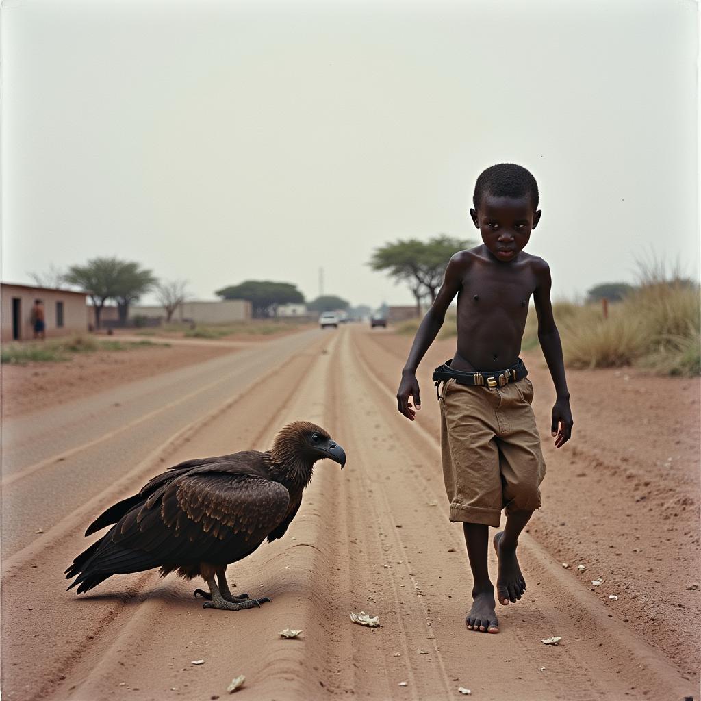 A starving child with a vulture in the background