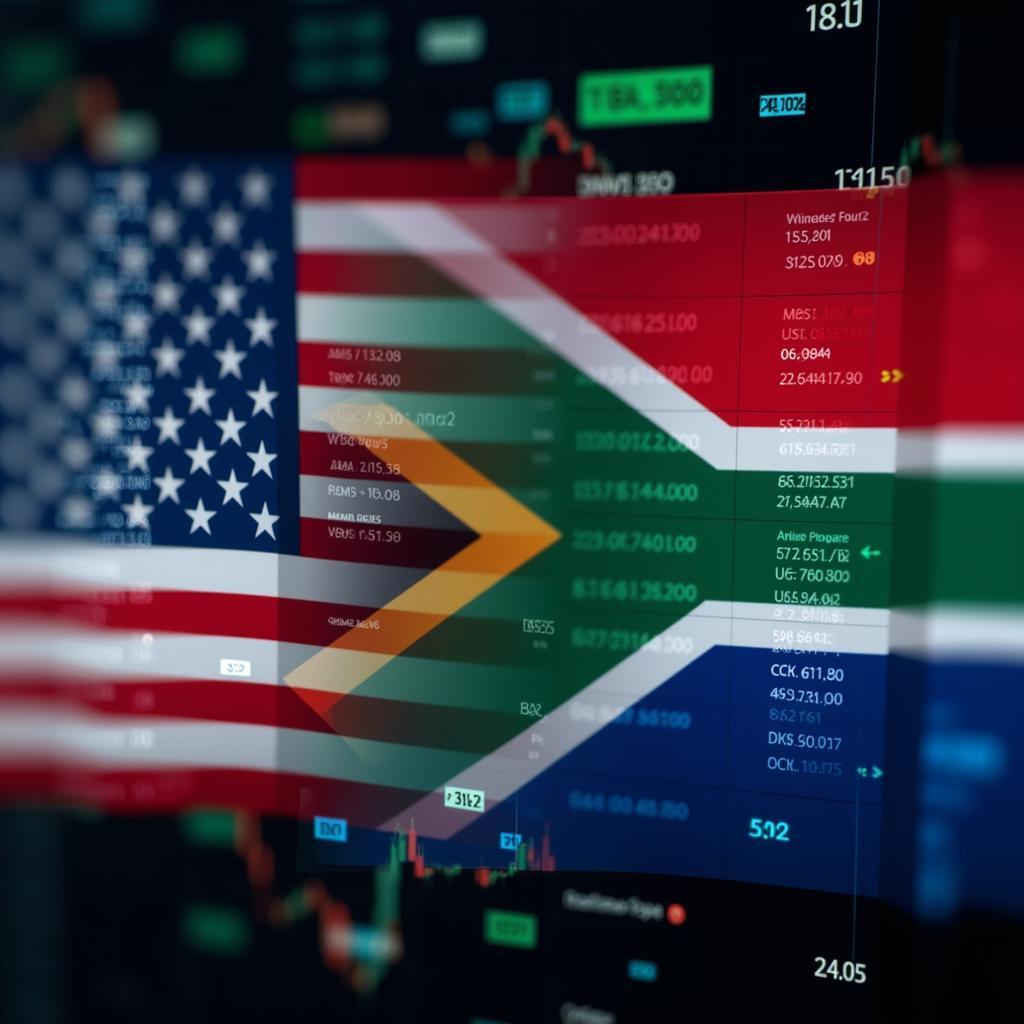 Stock market data displayed on a screen with US and South African flags