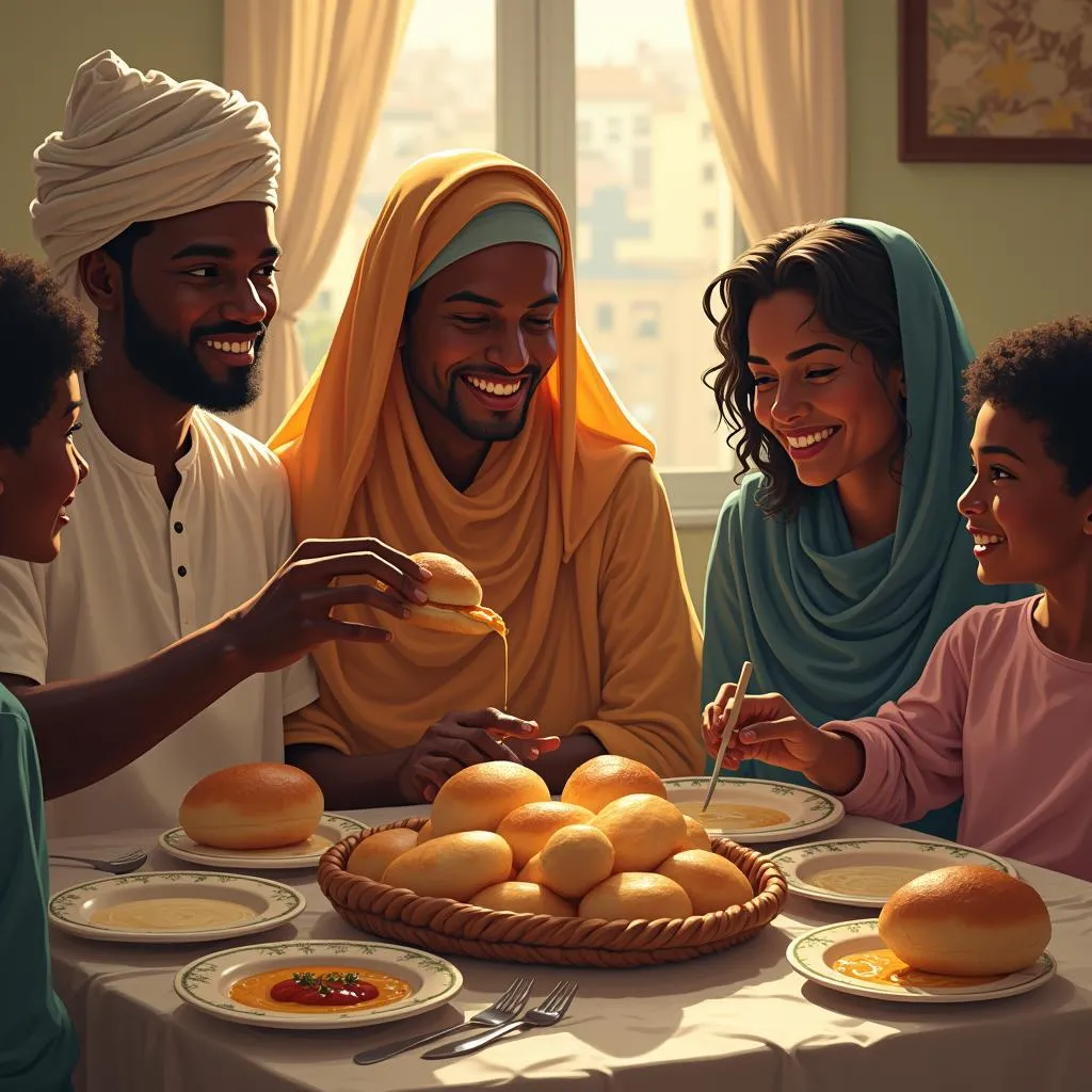 Sudanese Family enjoying Latik with Bread