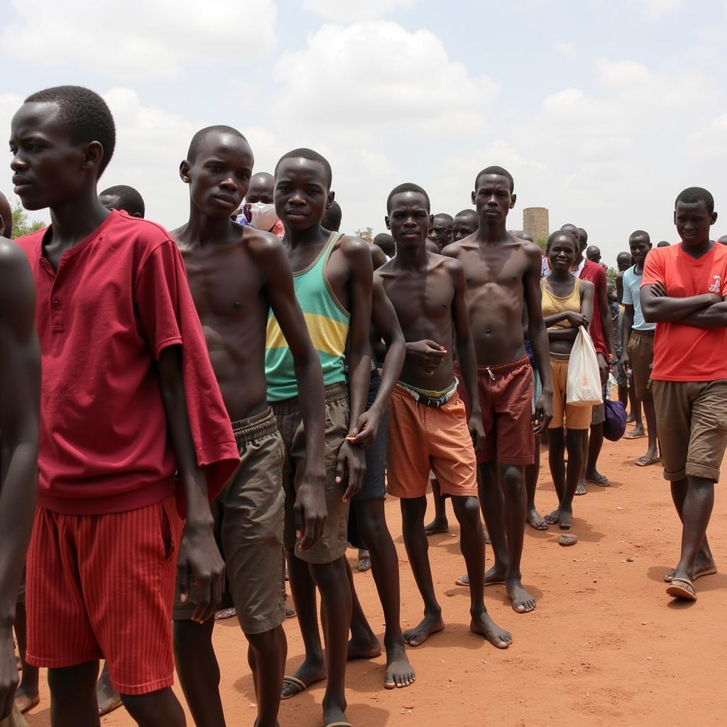 Aid workers distributing food during the Sudanese famine