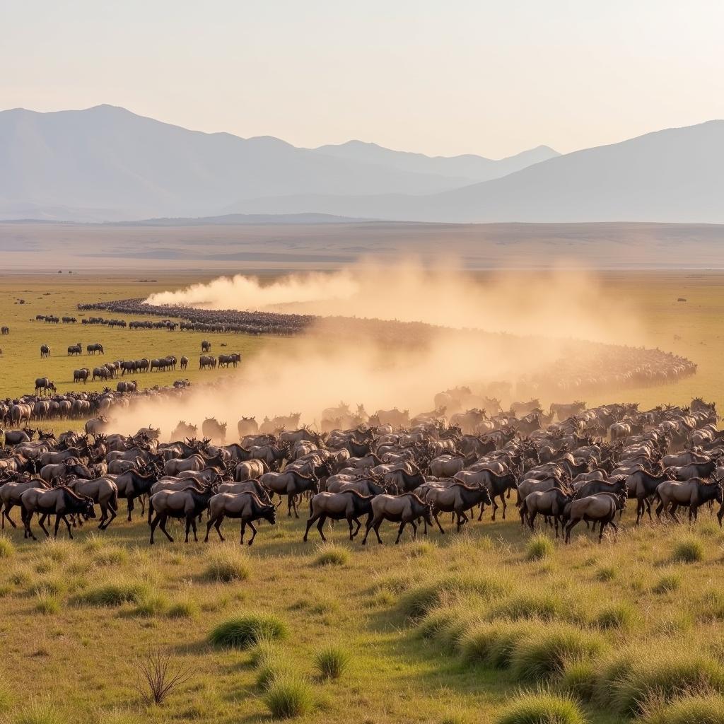 A vast herd of wildebeest thundering across the Serengeti plains in Tanzania