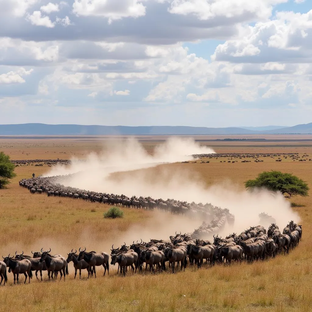 Wildebeest migration across the Serengeti plains