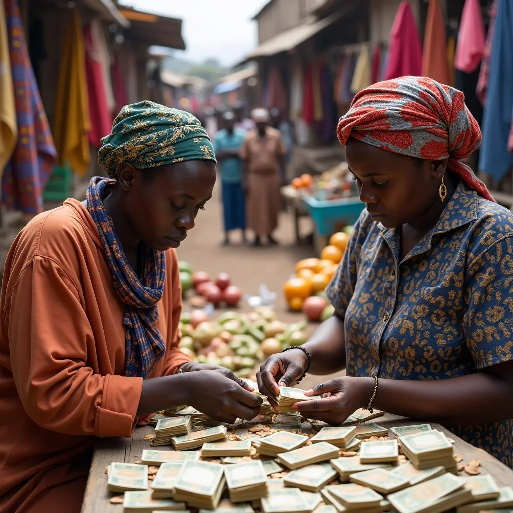 Tanzanian market vendors counting money