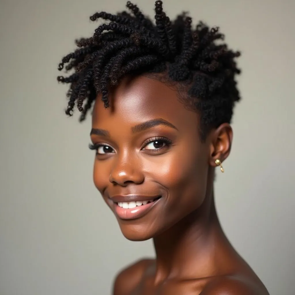 African American woman with a short textured pixie cut weave