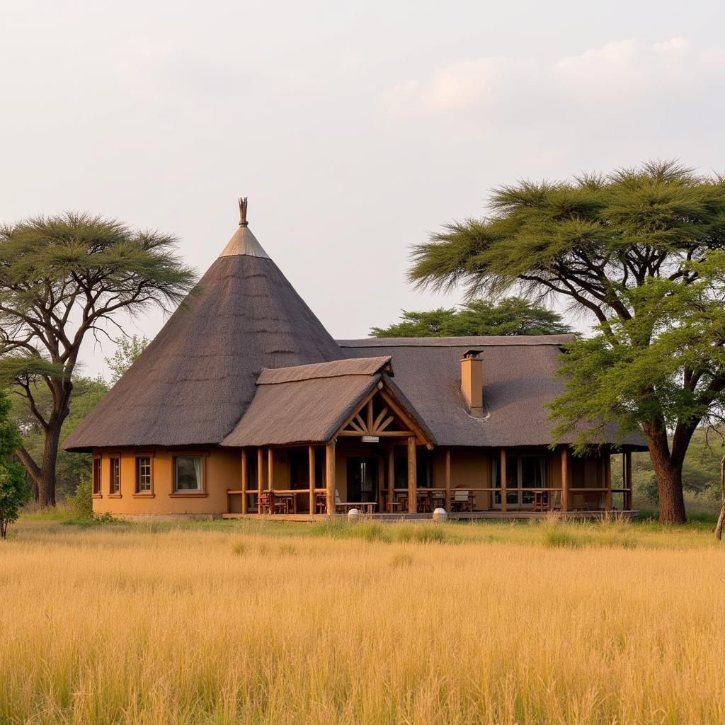 Traditional thatched roof bungalow in Serengeti National Park