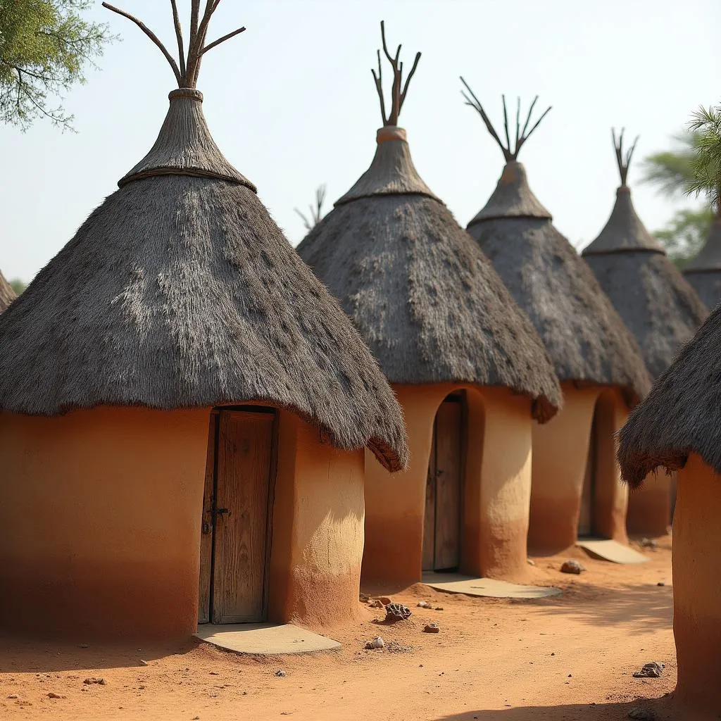 Traditional tiered houses in Burkina Faso with thatched roofs