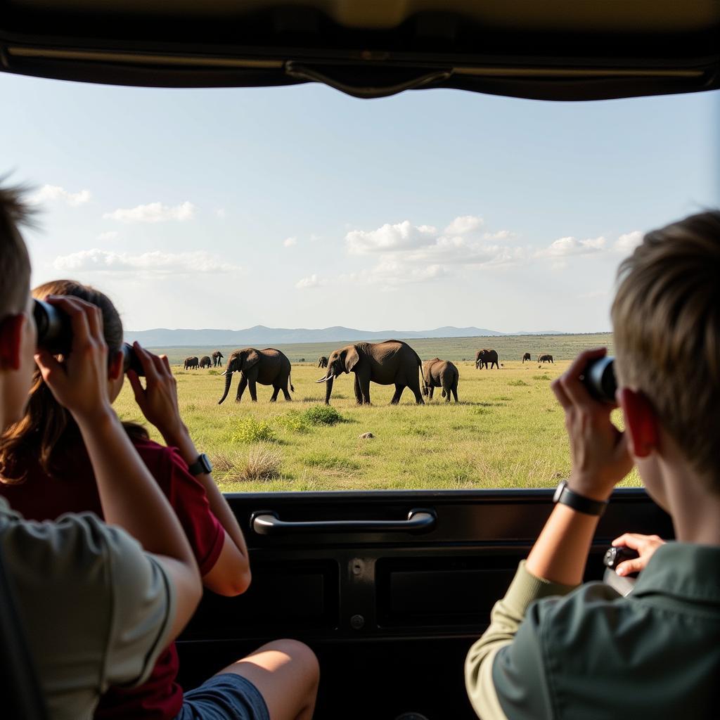 Tourists observing a herd of elephants from a safe distance