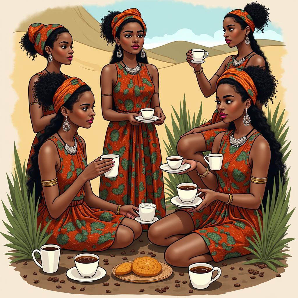 Women in Colorful Garments Participating in a Traditional African Coffee Ceremony