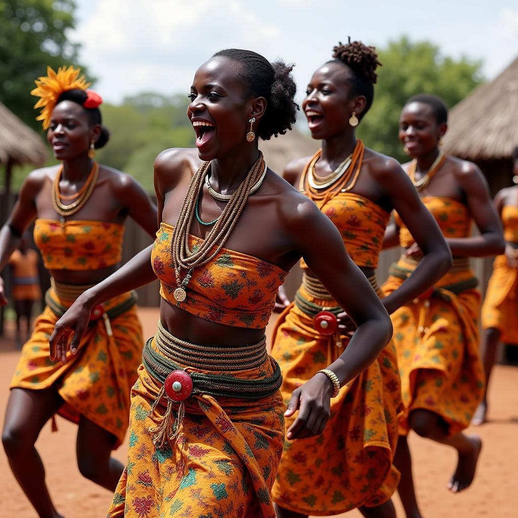 Traditional African Dance Performance: Dancers in colorful costumes performing a vibrant traditional dance.