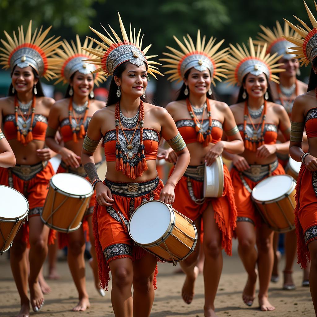 Energetic dancers in colorful attire perform a traditional African dance