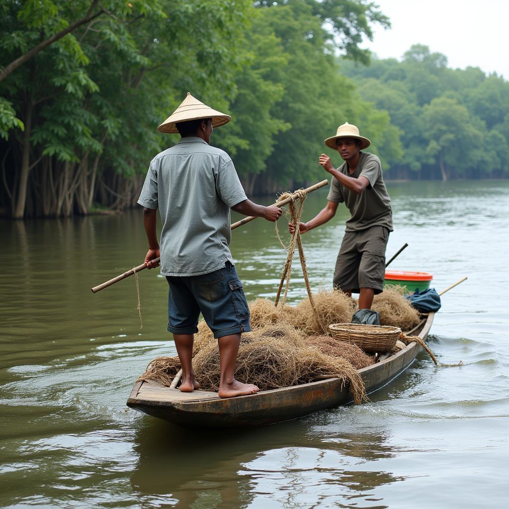 Traditional African fishing boat on the river