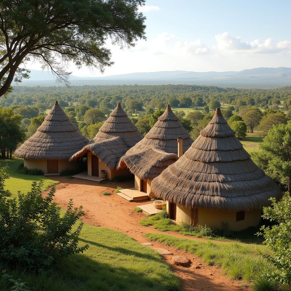 Traditional African Homestead with Thatched Roofs