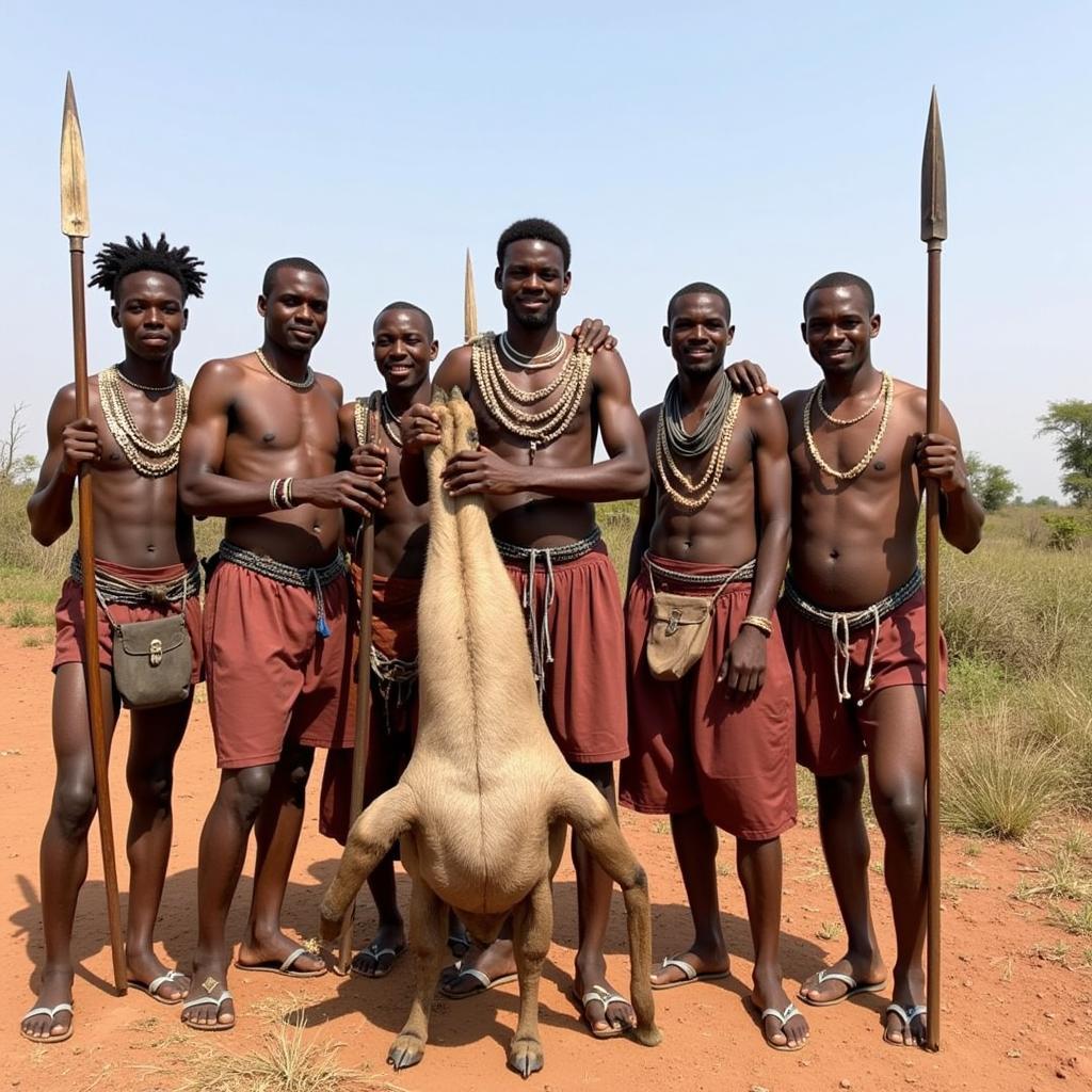 Traditional African hunters with bongo and spear