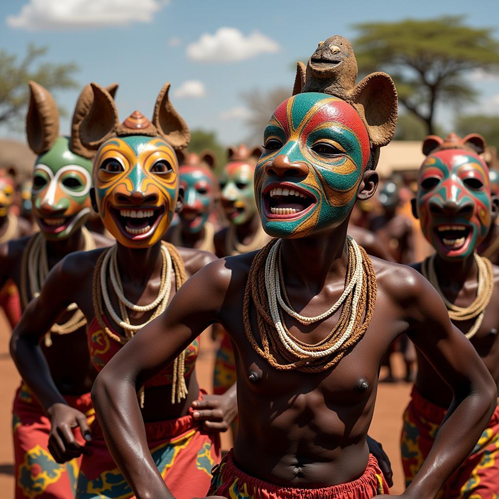 Traditional African Masks in a Ceremony