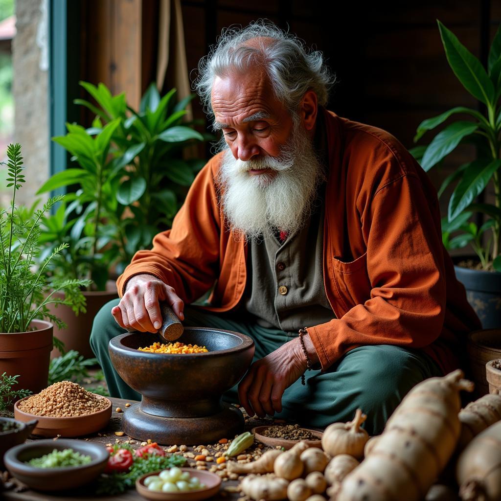 Traditional African Medicine Man Preparing Herbal Remedies