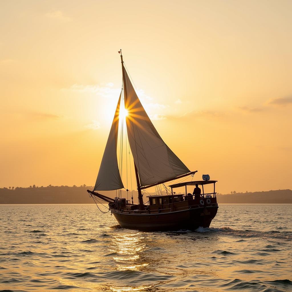 Traditional wooden dhow sailing on the Indian Ocean at sunset