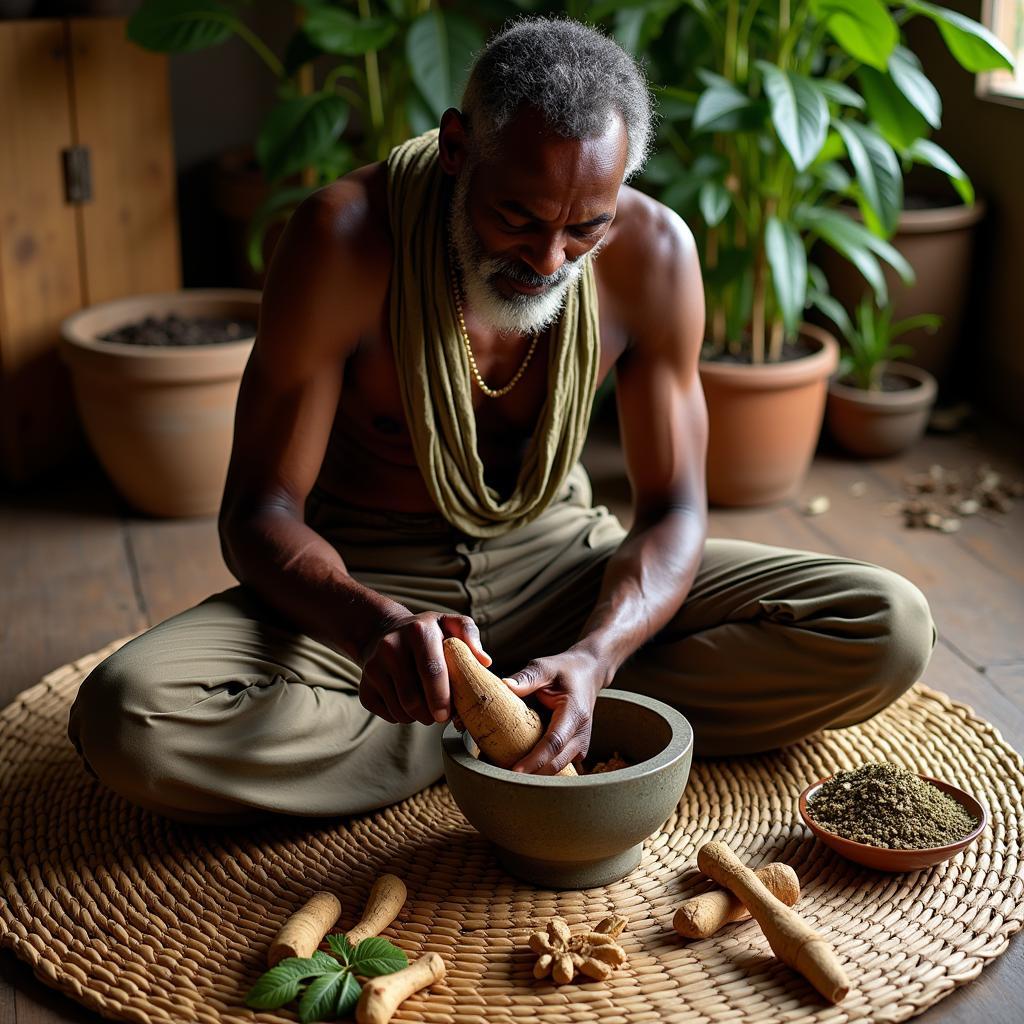 Traditional healer preparing African ginseng