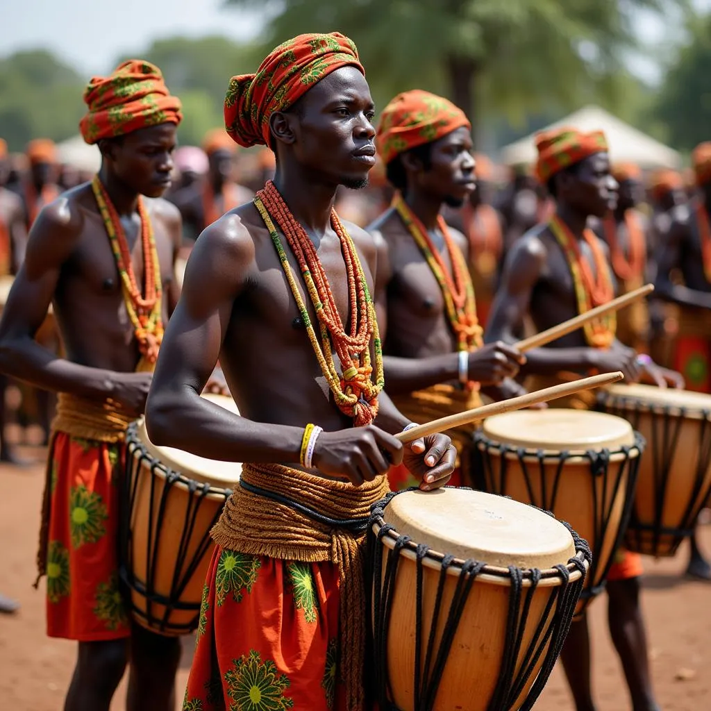 Traditional West African drummers performing in vibrant attire