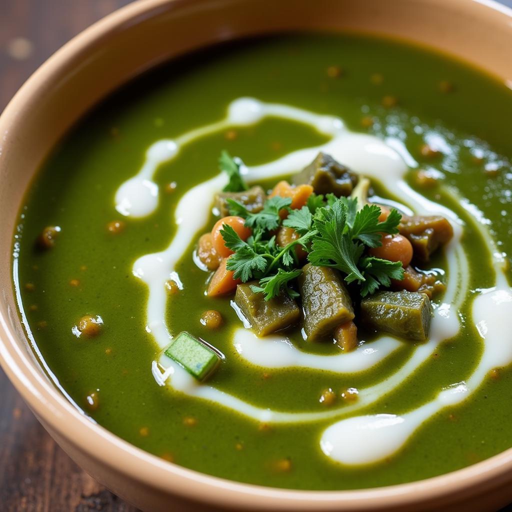 A steaming bowl of Trinidadian callaloo soup