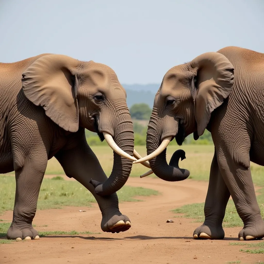 Two African bull elephants facing off during a dominance display