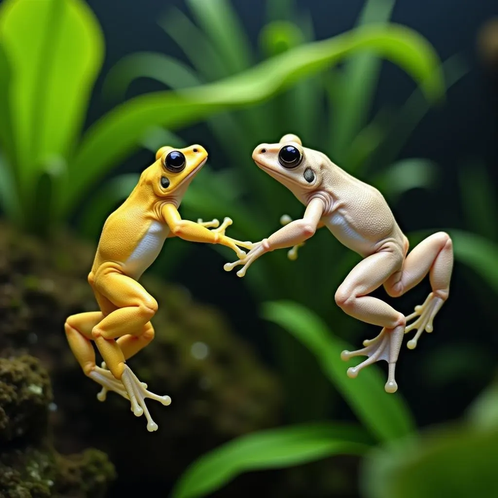 Two African dwarf frogs swimming together