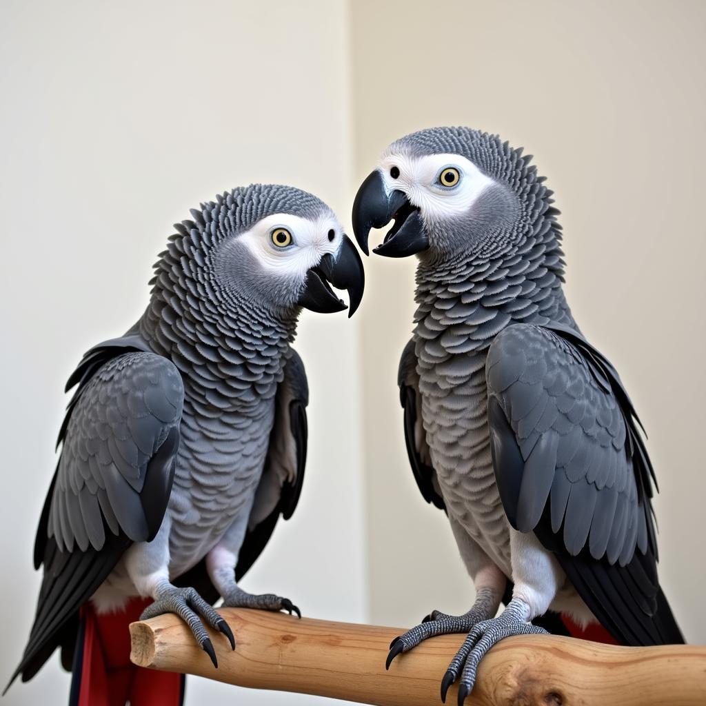 Two African Grey Parrots socializing