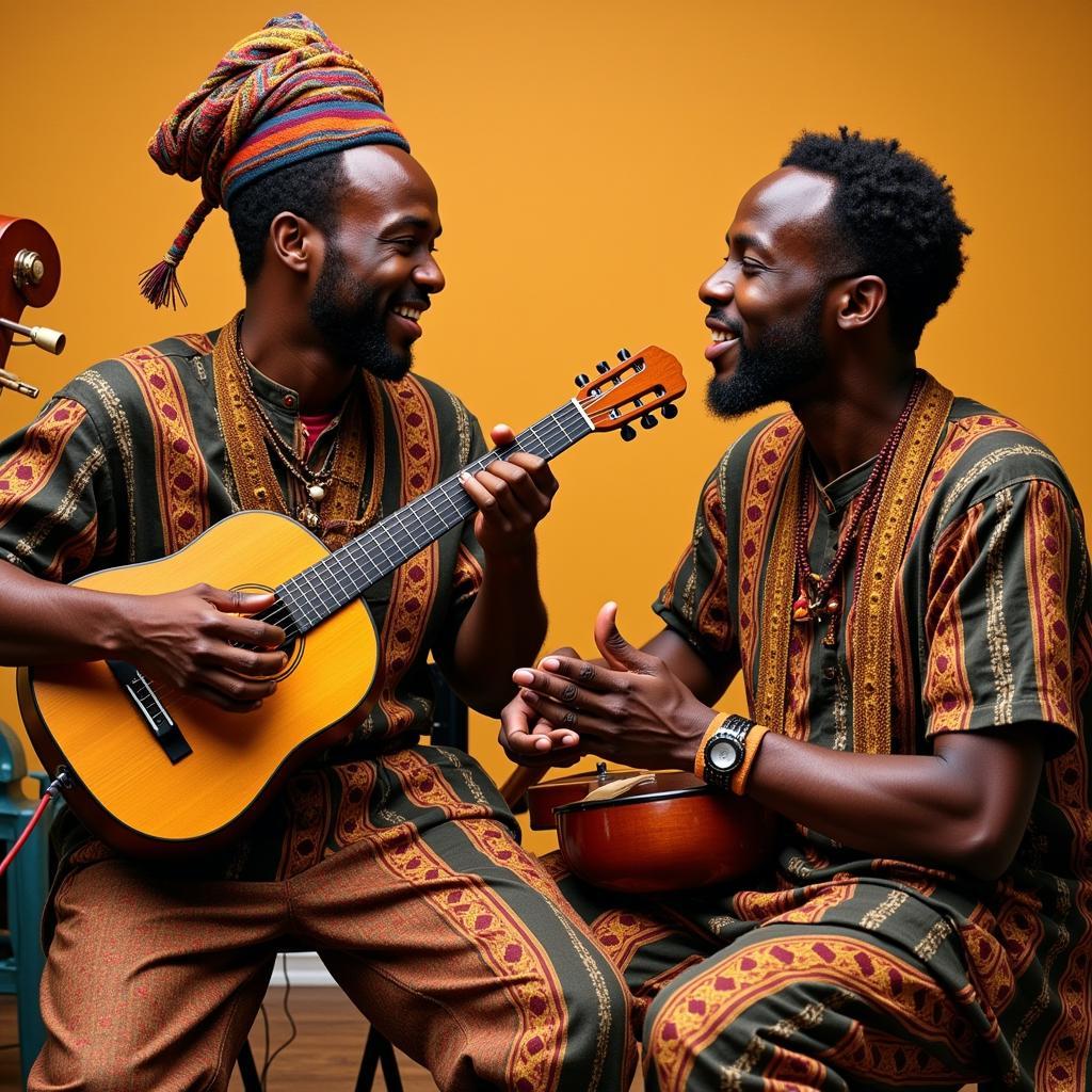 Two men in colorful attire sing into microphones, surrounded by traditional instruments