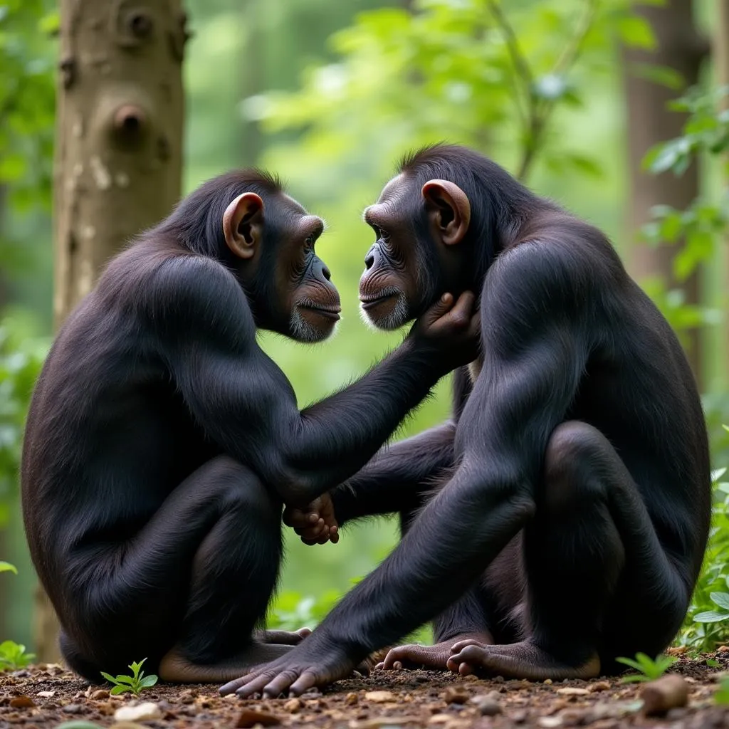 Two Chimpanzees Grooming in an African Forest