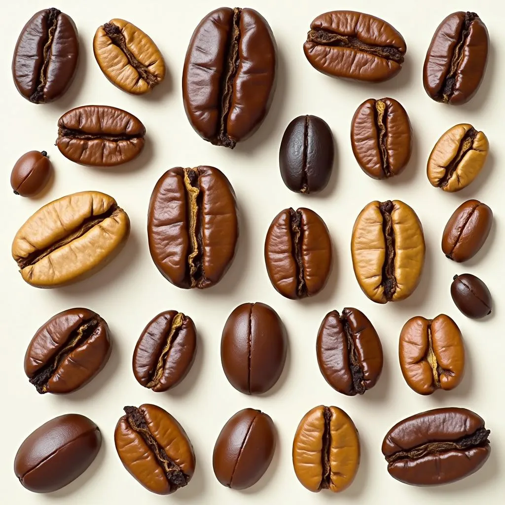 A colorful display of various roasted African coffee beans, showcasing their diversity.