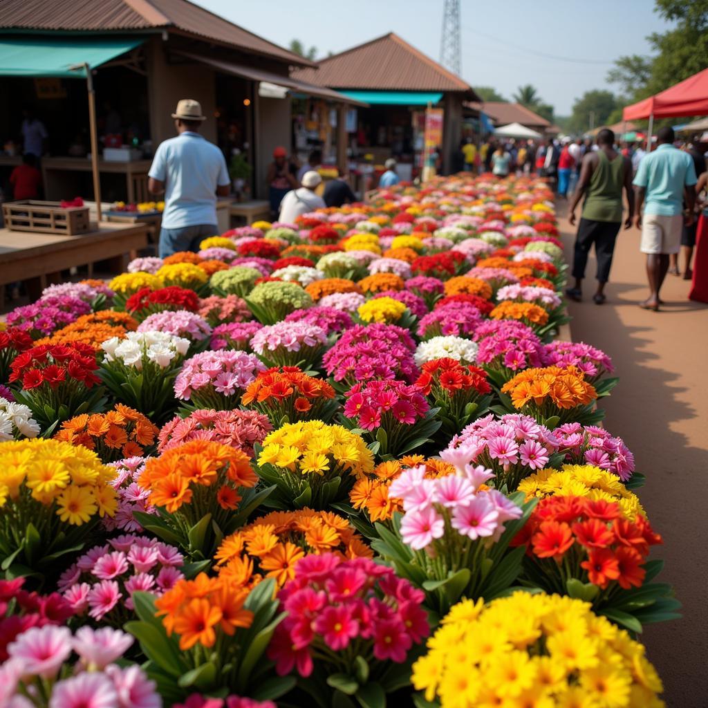 A vibrant display of various African flowers for sale in a local market