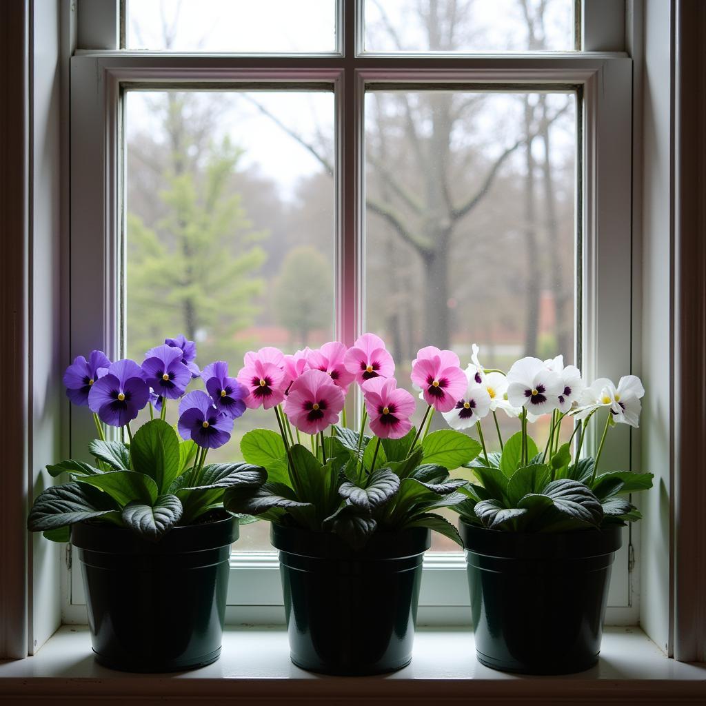 A collection of African violet plants showcasing different colors and flower forms