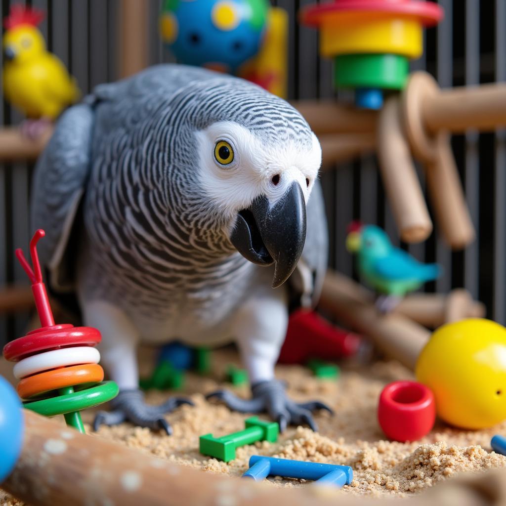 An assortment of toys for African grey parrots, including puzzle toys and foraging toys.