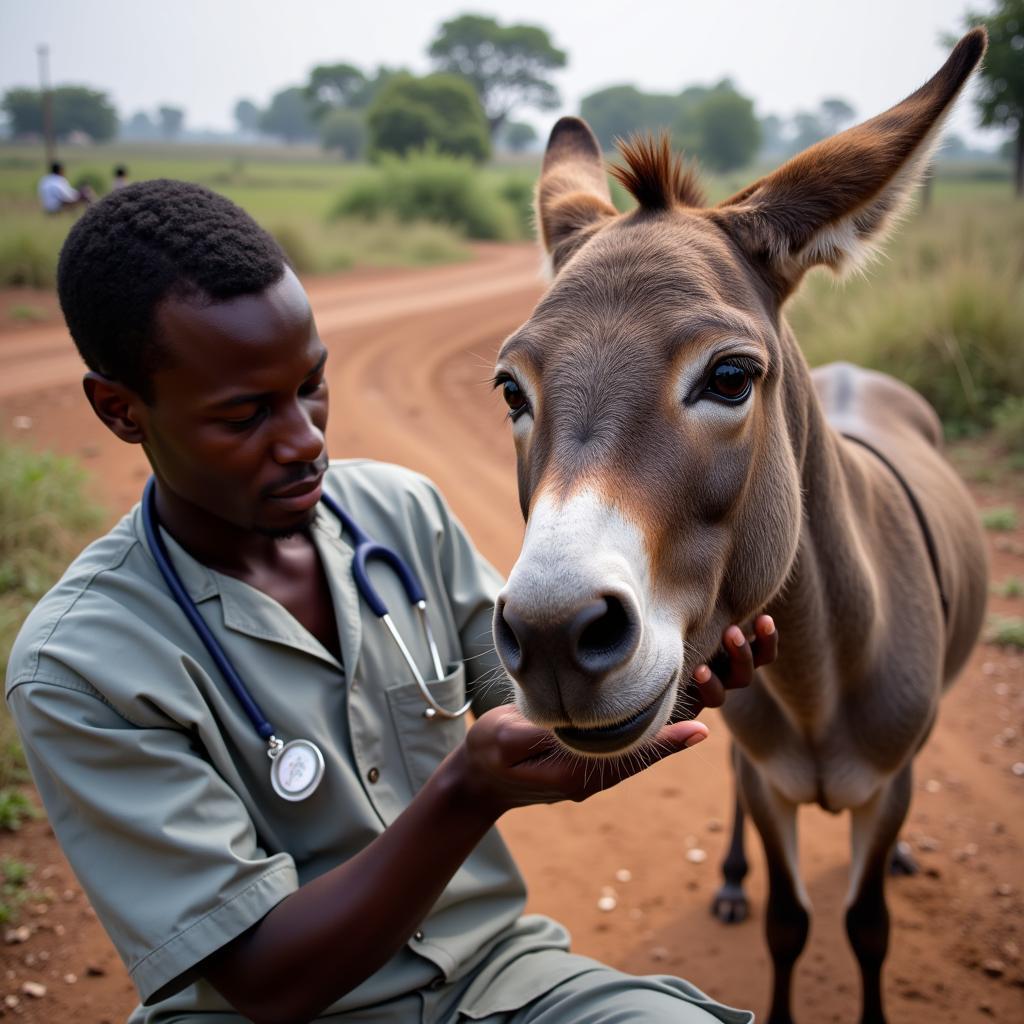 Veterinarian Caring for a Donkey in Africa