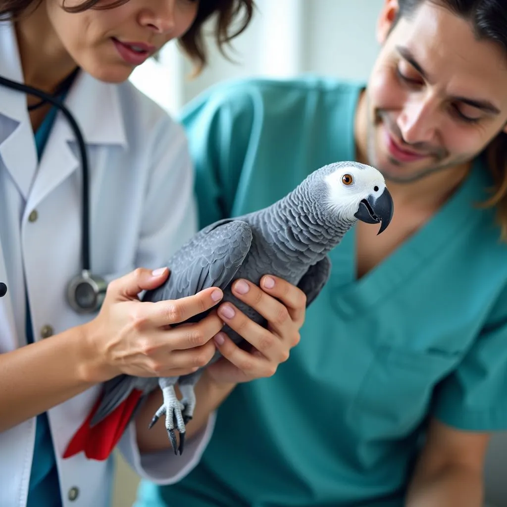 Veterinarian Examining African Grey Parrot