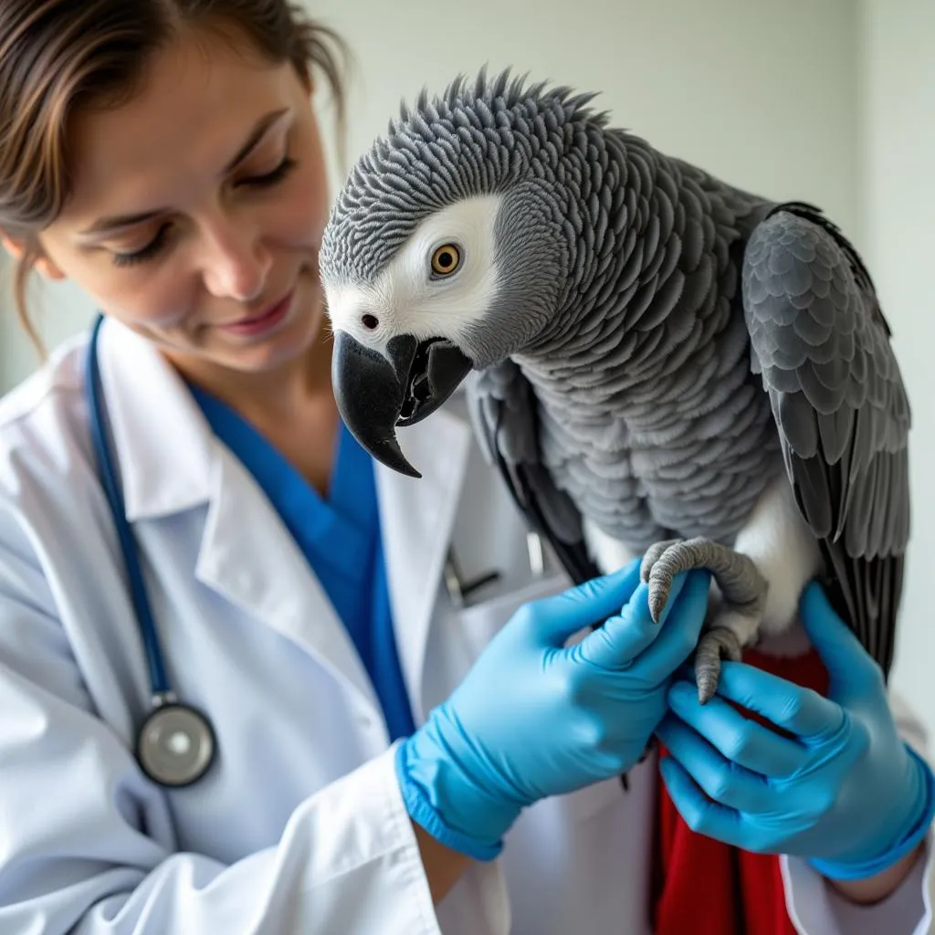 Veterinarian Examining an African Grey Parrot