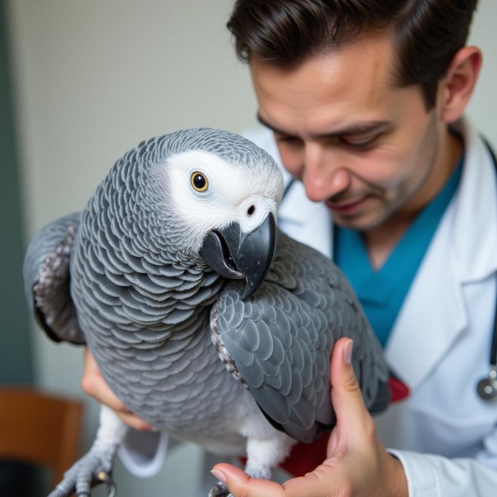 Veterinarian Examining an African Grey Parrot