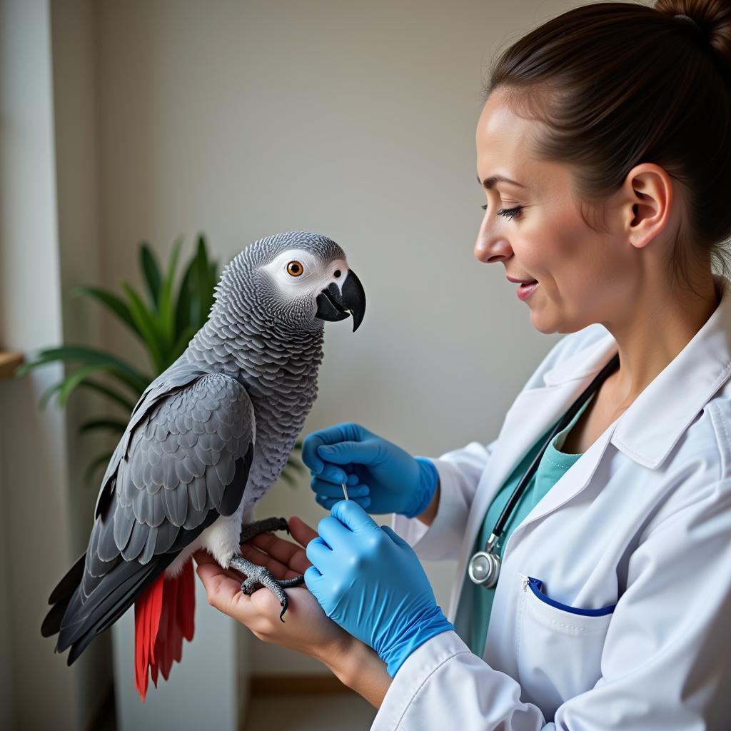 Veterinarian Conducting a Check-up on an African Grey