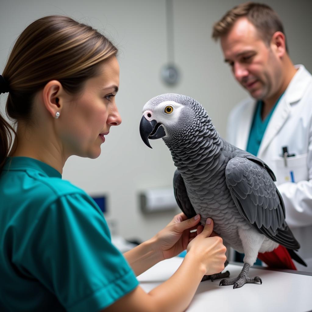 A veterinarian gently examines an African grey parrot, checking for any signs of illness.