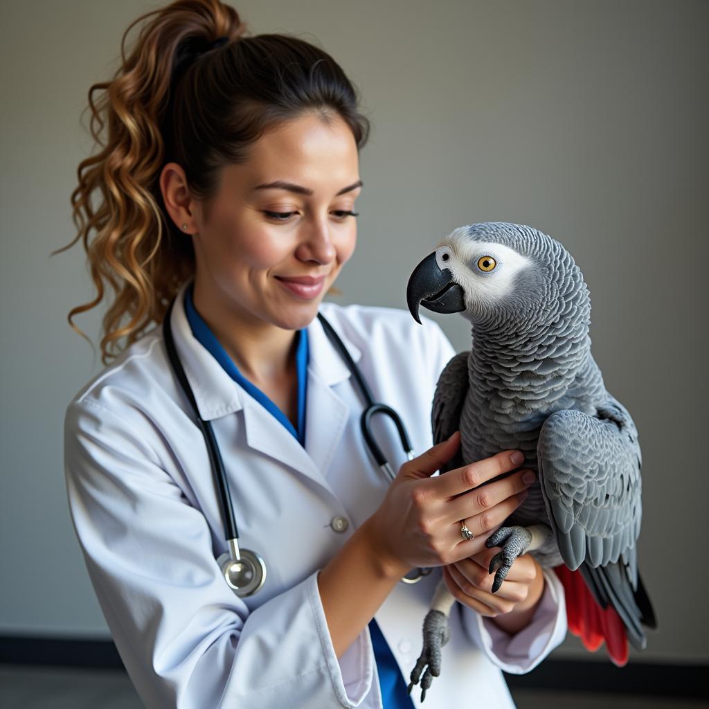 Veterinarian examining an African grey parrot