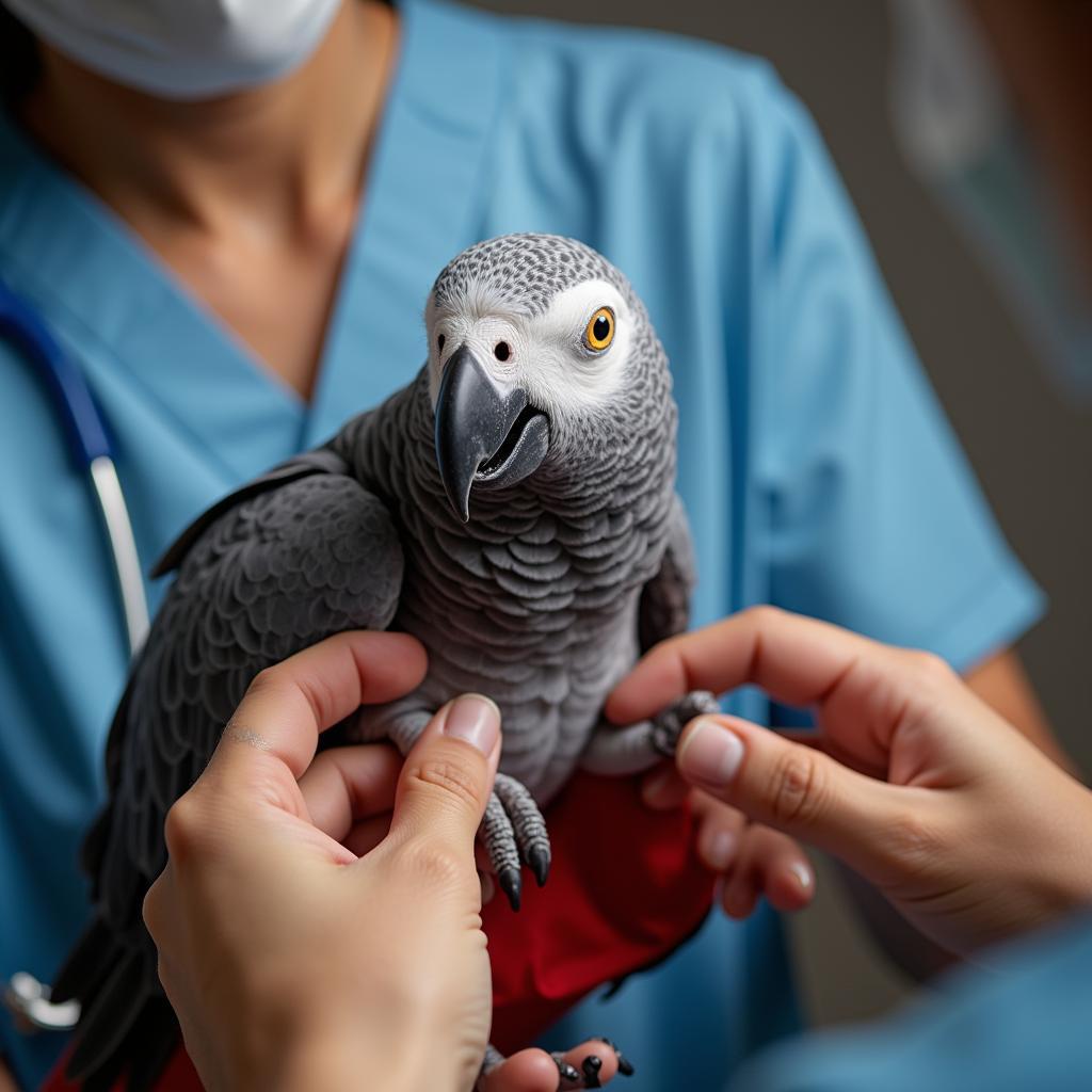 A veterinarian examining an African Grey parrot's wing