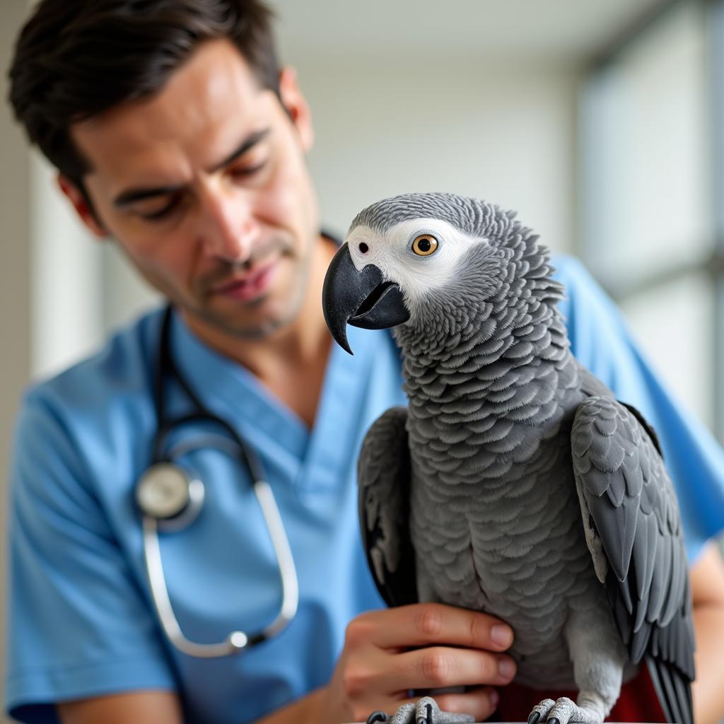 A veterinarian examining an African Grey parrot for hormonal issues