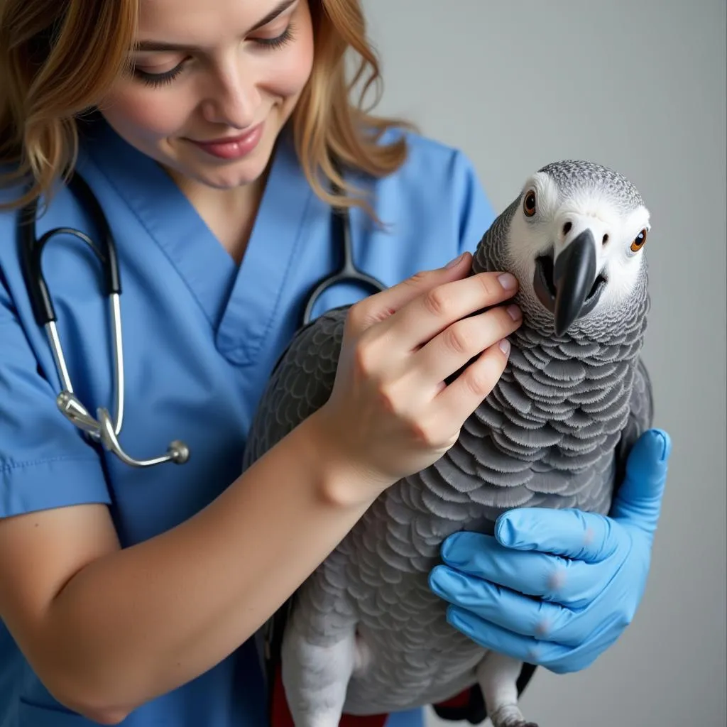 Veterinarian Conducting a Health Check on an African Grey Parrot