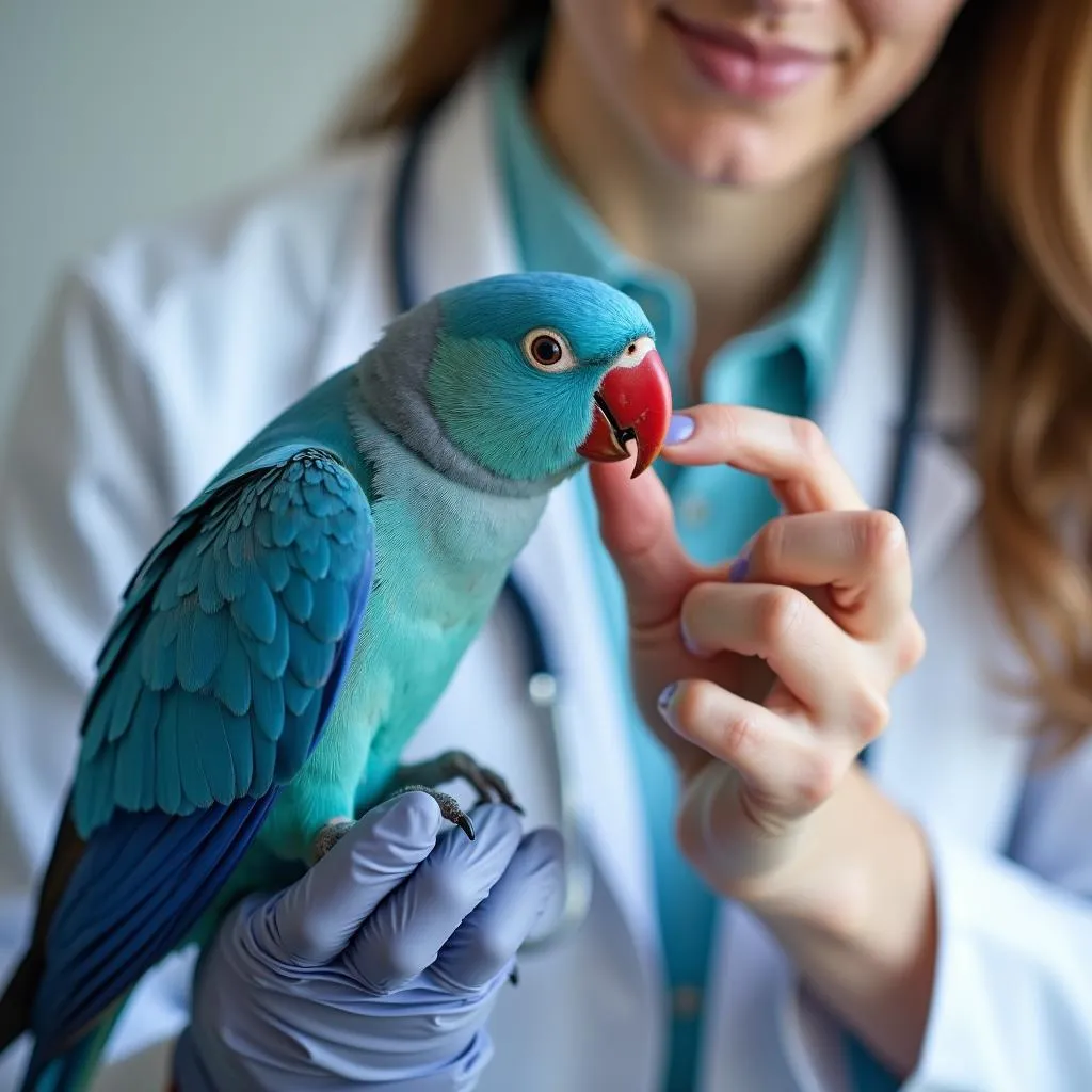 Veterinarian Examining a Blue African Lovebird