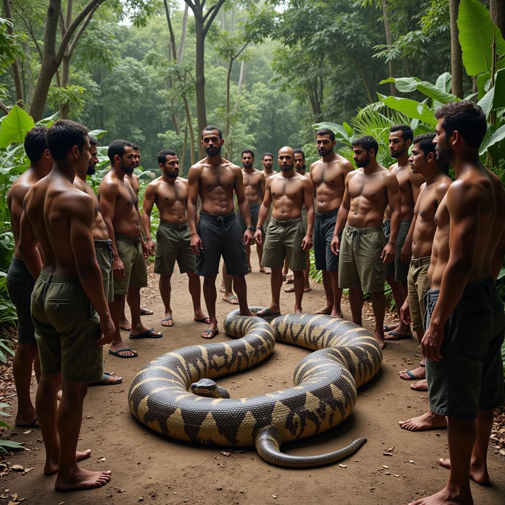 Villagers Gathering Around a Captured Python