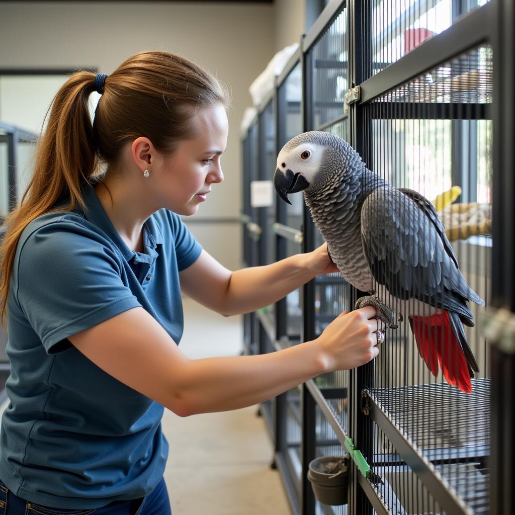 Volunteer Cleaning an African Grey Parrot Cage in a Shelter