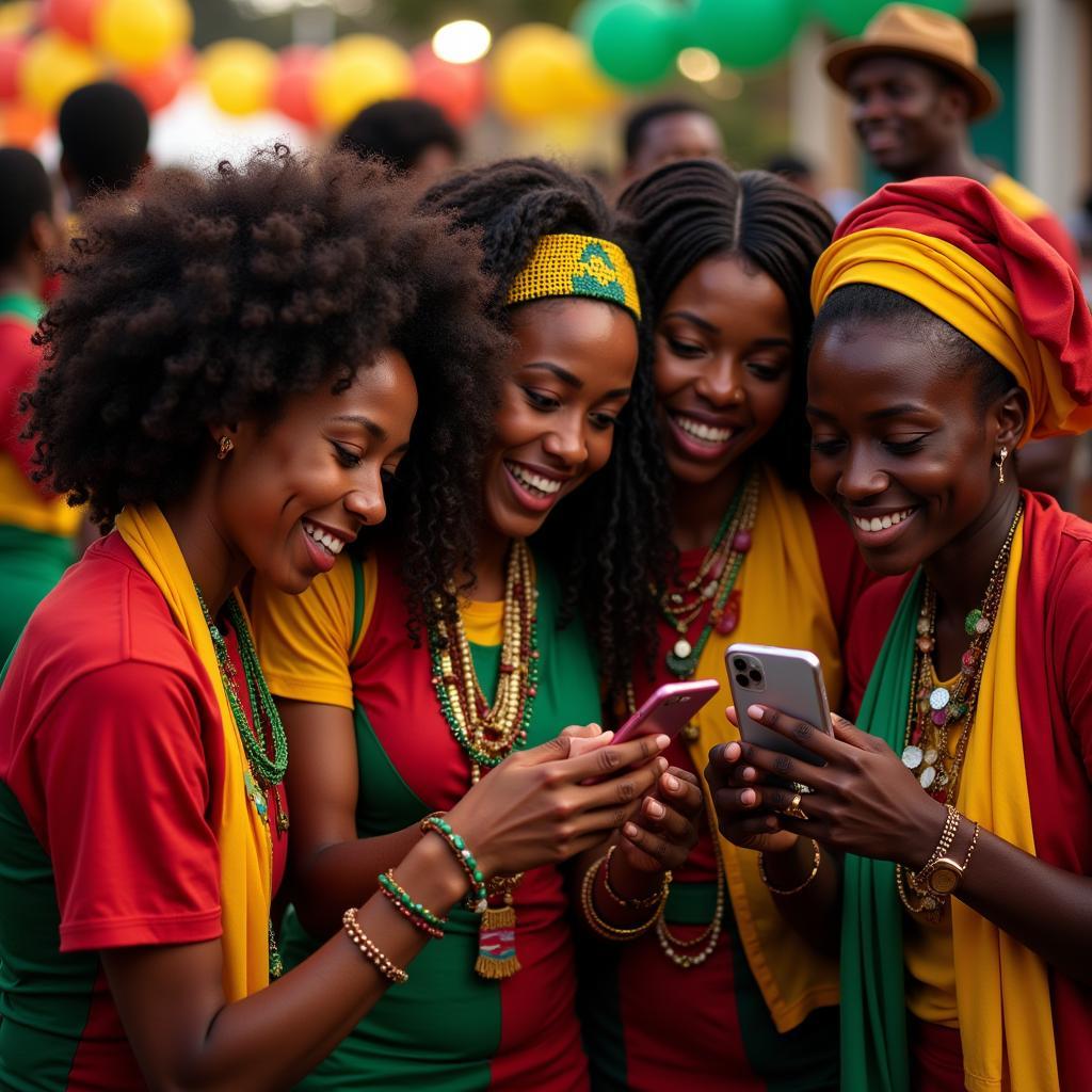 Women checking WAFCON live scores on mobile phones