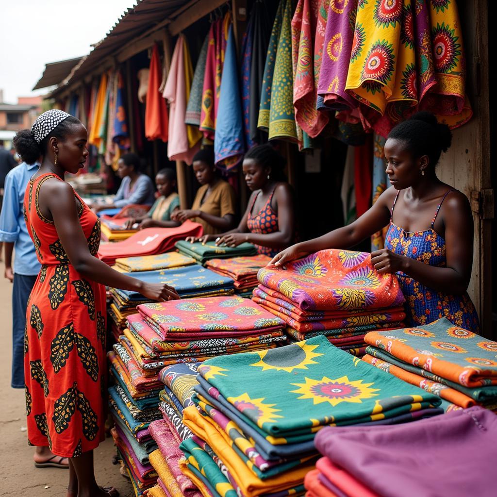 Vibrant West African Ankara Fabrics in a Bustling Market